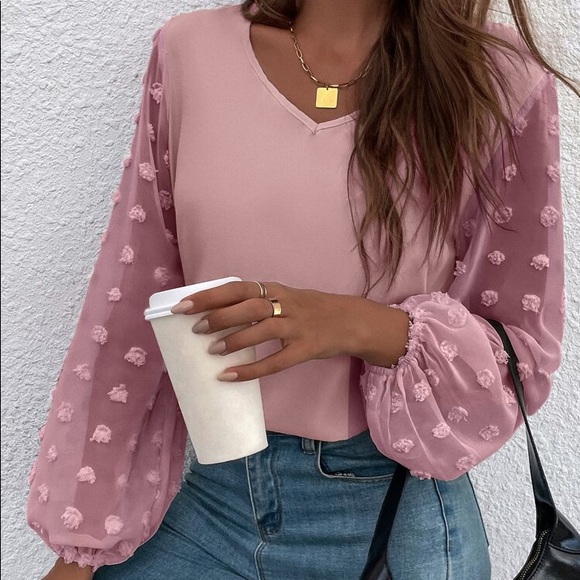 🎀 ELEGANT MUAVE SHEER POLKA DOT SLEEVE LOOSE FIT BLOUSE! - Picture 6 of 8